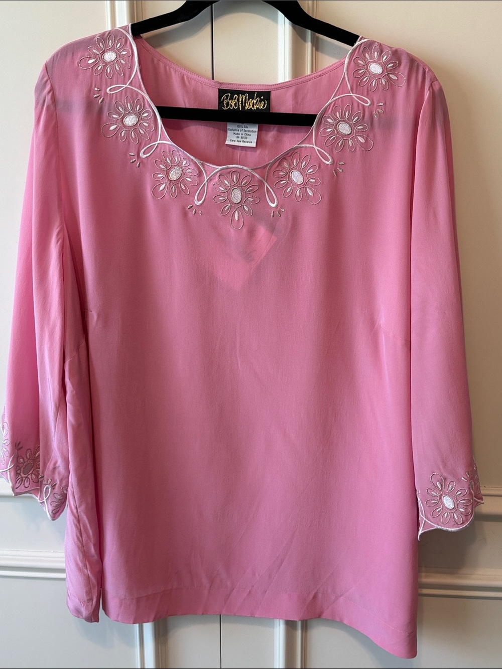 Bob Mackie Pink Floral Embroidered V-Neck Blouse